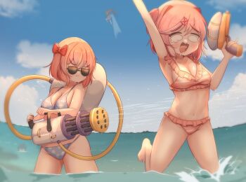 4girls :3 absurdres arm_up barefoot bikini black-framed_eyewear blue_bikini blue_sky blush bow breasts closed_mouth cloud collarbone commentary day doki_doki_literature_club dripping english_commentary hair_bow hair_intakes hair_ornament hairclip highres holding holding_water_gun monika_(doki_doki_literature_club) multiple_girls natsuki_(doki_doki_literature_club) navel o_o open_mouth outdoors pink_bikini pink_hair polka_dot polka_dot_bikini red_bow running sayori_(doki_doki_literature_club) scared short_hair sky smile splashing stomach sunglasses swimsuit tearing_up the_artist_aurora tongue wading water water_gun wet yuri_(doki_doki_literature_club)