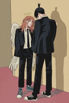 Rule 34 | 2boys, absurdres, amputee, angel devil (chainsaw man), angel wings, another, armless amputee, black hair, black necktie, black shoes, black suit, blue shoes, chainsaw man, collared shirt, double amputee, florbetriz, formal clothes, hair over one eye, halo, hayakawa aki, highres, looking at another, looking down, looking up, medium hair, multiple boys, necktie, orange eyes, orange hair, parted bangs, shadow, shirt, shoes, simple background, suit, topknot, white shirt, wings