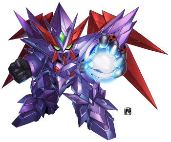 Rule 34 | armor, breastplate, chibi, commentary request, energy weapon, full armor, green eyes, highres, horns, humanoid robot, looking at viewer, mask, mecha, mecha focus, mechanical wings, mouth mask, nakano haito, no humans, powering up, robot, science fiction, solo, super robot, super robot wars, super robot wars alpha, super robot wars original generation, the 3rd super robot wars alpha, wings, zehirut