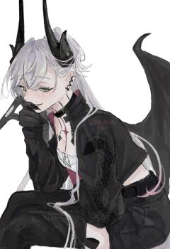 1girl bat_wings belt black_belt black_boots black_choker black_hands black_jacket black_nails black_skirt blush body_markings boots choker colored_extremities crossed_bangs demon_girl demon_horns demon_wings dragon_print ear_piercing fang fate/grand_order fate_(series) green_eyes hand_on_own_face high_ponytail highres horns jacket laughing lilith_(fate) lilith_(over_the_same_sky)_(fate) looking_at_viewer narrowed_eyes neck_tattoo pencil_skirt piercing ponytail sitting skirt solo strapless tattoo thigh_boots tube_top white_background white_hair white_tube_top wings yowa_(niboshi)