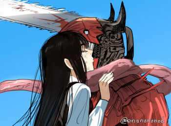1boy armor black_hair chainsaw chainsaw_devil chainsaw_man collared_shirt commentary_request couple denji_(chainsaw_man) enononono6 hetero intestine_clothing intestines kiss kissing_cheek mitaka_asa open_mouth organs sharp_teeth shirt simple_background teeth twitter_username upper_body white_shirt