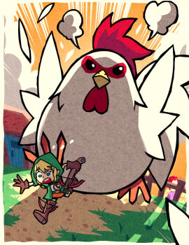 1girl angry bird blue_eyes boots border bow_(weapon) brown_boots brown_gloves building chasing chicken closed_mouth cloud commentary compass crossbow cucco english_commentary feathers fence fleeing gloves grass green_jacket holding holding_crossbow holding_weapon hood hooded_jacket hyrule_warriors jacket linkle mini_person minigirl nintendo nostrils open_clothes open_jacket open_mouth outdoors running scared setz teeth the_legend_of_zelda the_legend_of_zelda:_the_minish_cap upper_teeth_only weapon white_border wooden_fence