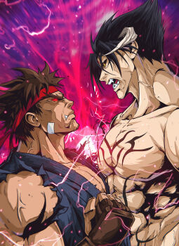 2boys abs black_hair black_sclera brown_eyes brown_gloves clenched_hand colored_sclera commentary crossover devil_jin electricity evil_ryu fangs fingerless_gloves gloves headband highres horns jhony_caballero kazama_jin male_focus multiple_boys muscular muscular_male open_mouth pectoral_cleavage pectorals red_eyes red_headband ryu_(street_fighter) short_hair street_fighter street_fighter_x_tekken tekken topless_male upper_body veins veiny_arms veiny_neck