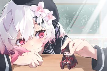 &gt;_&lt; 2girls beret black_hair black_hat closed_mouth commentary_request flower gradient_hair hair_flower hair_ornament hat head_rest highres holding holding_mini_person long_hair long_sleeves looking_at_another mahou_shoujo_no_majo_saiban mini_person minigirl multicolored_hair multiple_girls nikaido_hiro pink_eyes pink_hair sakuraba_ema short_hair sitting smile table tonno_china translation_request white_flower white_hair whiteboard x_hair_ornament