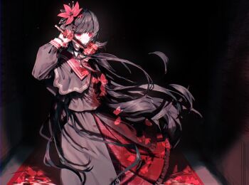 1girl black_background black_capelet black_hair black_shirt black_skirt blood blood_on_hands bug butterfly capelet commentary_request dark feet_out_of_frame flower hair_flower hair_ornament half-closed_eye hammer hand_up highres holding holding_hammer insect long_hair long_sleeves looking_at_viewer mahou_shoujo_no_majo_saiban necktie nikaido_hiro osakana_(0519_sakana) red_butterfly red_eyes red_flower red_necktie shirt skirt solo standing uneven_eyes very_long_hair