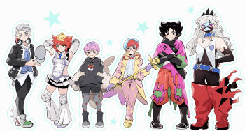 Rule 34 | 3boys, 3girls, absurdres, ahoge, arms behind head, atticus (pokemon), atticus (pokemon) (cosplay), backpack, bag, black eyes, black gloves, black hair, black hoodie, black jacket, black pants, black shorts, blonde hair, blue hair, blue necktie, blue vest, boots, bright pupils, brown bag, cane, closed mouth, coat, collared shirt, commentary, cosplay, costume switch, crossed arms, dafenpipixia, detached collar, eri (pokemon), eri (pokemon) (cosplay), facepaint, giacomo (pokemon), giacomo (pokemon) (cosplay), glasses, gloves, grey eyes, grey hair, grin, hands in pockets, headphones, highres, holding, holding cane, hood, hoodie, jacket, logo, looking at viewer, mela (pokemon), mela (pokemon) (cosplay), multicolored hair, multiple boys, multiple girls, necktie, nintendo, open clothes, open coat, ortega (pokemon), ortega (pokemon) (cosplay), pants, pantyhose, penny (pokemon), penny (pokemon) (cosplay), pink coat, pink hair, pink pants, poke ball print, pokemon, pokemon sv, red footwear, red hair, round eyewear, see-through clothes, see-through skirt, shirt, shoes, short hair, shorts, skirt, smile, standing, star (symbol), team star, teeth, thigh boots, two-tone hair, vest, white background, white pupils, white shirt, white vest, yellow shoes