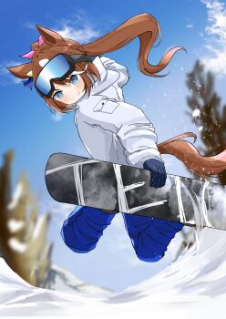 alternate_costume animal_ears black_gloves blue_eyes blue_pants blush brown_hair commentary_request gloves goggles goggles_on_head hair_between_eyes highres horse_ears horse_girl horse_tail jacket ka_ga_chi long_hair looking_at_viewer pants sidelocks snowboard tail tokai_teio_(umamusume) umamusume white_jacket
