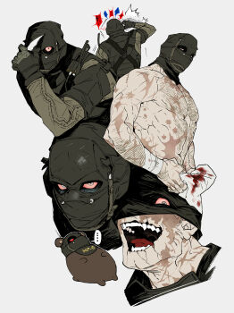 1boy abs animalization arm_hair arm_up bandaged_wrist bandages battle_scarred black_mask blood blood_on_clothes bloodshot_eyes bulletproof_vest call_of_duty call_of_duty:_modern_warfare_2 chest_hair cropped_shoulders grey_jacket hamster highres holding holding_knife holding_towel jacket kaifei_(kaifei_29) knife long_sleeves male_focus mask mask_lift multiple_views muscular muscular_male nikto open_mouth pectorals person_and_animalization punching sanpaku scar scar_on_chest scar_on_shoulder scars_all_over teeth tongue too_many topless_male towel weapon white_background