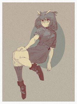 Rule 34 | 1girl, :|, arknights, belt, blush, boots, breasts, closed mouth, collared dress, dress, expressionless, feather hair, film grain, full body, glasses, hand on own knee, heavy film grain, highres, i sleepingnow, invisible chair, kneehighs, knees together feet apart, looking at viewer, medium hair, monochrome, official alternate costume, owl ears, owl girl, pencil dress, round eyewear, short sleeves, sidelocks, silence (ambience synesthesia) (arknights), silence (arknights), single kneehigh, single sock, sitting, small breasts, socks, solo