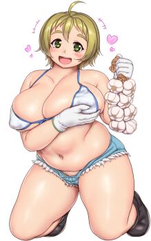 1girl ahoge belly bikini black_boots blonde_hair blue_bikini blush boots breast_lift breasts cleavage clenched_hand collarbone commentary_request covered_erect_nipples food full_body garlic gloves green_eyes hair_between_eyes head_tilt heart highres holding holding_food holding_rope holding_vegetable kneeling large_breasts looking_at_viewer medium_hair nakazawa_minori navel no-rin open_mouth orizen plump rope short_shorts shorts simple_background smile solo string_bikini swimsuit tareme thick_eyebrows thick_thighs thighs unzipped vegetable white_background white_bikini white_gloves