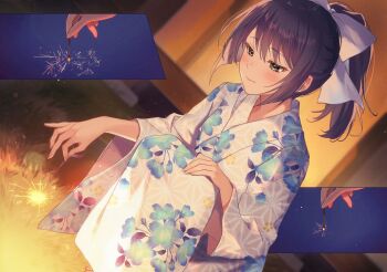 Rule 34 | 1girl, black hair, blush, bow, dutch angle, fireworks, floral print, floral print kimono, furisode sleeves, green eyes, hair bow, holding, holding fireworks, hoshigami luna, ichikawa haru, japanese clothes, kimi wa hatsukoi no hito no musume, kimono, looking down, night, novel illustration, official art, paneled background, ponytail, print kimono, second-party source, senkou hanabi, smile, solo, sparkler, squatting