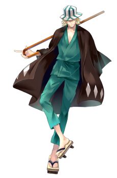 Rule 34 | 1boy, bleach, blonde hair, cane, full body, geta, green pants, green shirt, hair between eyes, haori, highres, holding, holding cane, japanese clothes, ji myo, looking at viewer, male focus, medium hair, one eye covered, pants, samue, shirt, simple background, smile, two-tone headwear, urahara kisuke, white background