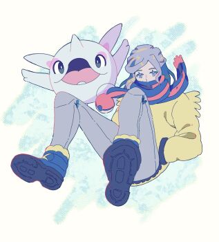 Rule 34 | 1boy, awapontasu, blue boots, blue eyes, blue hair, boots, cetoddle, coat, commentary request, fur-trimmed boots, fur trim, grey pants, grusha (pokemon), hands in pockets, highres, jacket, male focus, nintendo, pants, poke ball print, pokemon, pokemon (creature), pokemon sv, scarf, scarf over mouth, striped clothes, striped scarf, winter clothes, winter coat, yellow jacket