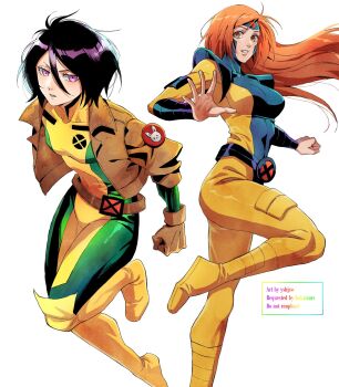 Rule 34 | 2girls, artist name, belt, black hair, bleach, bodysuit, breasts, brown belt, brown eyes, brown gloves, brown jacket, clenched hand, cosplay, foot out of frame, furrowed brow, gloves, green bodysuit, hair between eyes, highres, inoue orihime, jacket, jean grey, jean grey (cosplay), kuchiki rukia, light smile, long hair, marvel, medium breasts, multicolored bodysuit, multiple girls, orange hair, parted bangs, parted lips, pink eyes, rogue (x-men), rogue (x-men) (cosplay), short hair, small breasts, superhero costume, two-tone bodysuit, white background, x-men, yellow bodysuit, yshjsw