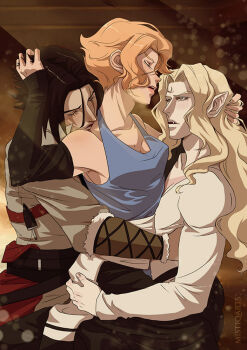 1girl 2boys blonde_hair breasts brown_hair castlevania_(series) castlevania_(netflix) group_sex held_up kiss long_hair medium_breasts medium_hair mmf_threesome multiple_boys kissing_neck pale_skin sandwiched short_hair sypha_belnades threesome trevor_belmont vampire yellow_eyes