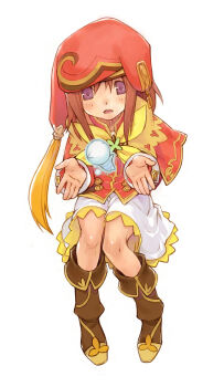 Rule 34 | 1girl, absurdres, boots, brown boots, brown hair, candy (rune factory), capelet, floating, floating object, fold-over boots, from above, full body, hat, highres, iwasaki minako, knees together feet apart, long sleeves, looking at viewer, mandarin collar, object floating above hand, official art, open hands, open mouth, orb, purple eyes, red capelet, red hat, rune factory, rune factory frontier, simple background, sitting, skirt, solo, tachi-e, third-party source, white background, white skirt, yellow trim