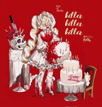 1girl bandaged_leg bandages barefoot bib_collar birthday_cake black_nails blonde_hair blood blood_on_clothes blood_on_food blood_on_hand blood_on_leg bloody_tears bow bowtie bright_pupils cake call_of_cthulhu candle chair child colored_eyelashes commentary_request copyright_name curly_hair double-parted_bangs dress drill_hair expressionless flower food frilled_dress frilled_sleeves frills fruit full_body hair_between_eyes hairband happy_birthday heterochromia highres holding holding_food holding_plate horror_(theme) killer_killer_killer kitchen_knife knife leg_tattoo lolita_hairband long_hair long_sleeves looking_ahead mismatched_pupils nail_polish pacifier peckii_cookie planted planted_knife plate puffy_long_sleeves puffy_sleeves red_background red_flower red_pupils red_rose rose simple_background skull solo standing star-shaped_pupils star_(symbol) strawberry stuffed_animal stuffed_rabbit stuffed_toy symbol-shaped_pupils table tablecloth tattoo toenail_polish toenails twin_drills very_long_hair weapon whipped_cream white_bow white_bowtie white_dress white_eyes white_hair white_hairband white_pupils yellow_eyes