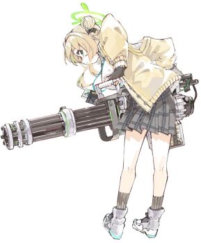 Rule 34 | 1girl, black gloves, black skirt, black socks, blonde hair, blue archive, boots, breasts, cardigan, commentary request, fingerless gloves, from behind, full body, gatling gun, gloves, green eyes, gun, hair bun, halo, holding, holding gun, holding weapon, konabetate, large breasts, leaning forward, long hair, long sleeves, looking at viewer, looking back, m134 minigun, minigun, nonomi (blue archive), oekaki, plaid clothes, plaid skirt, pleated skirt, profile, ribbed socks, school uniform, simple background, single side bun, skirt, socks, solo, standing, weapon, white background, yellow cardigan