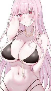 1girl arm_at_side arm_up bare_arms bare_shoulders bikini black_bikini blunt_bangs blush breasts cleavage closed_mouth collarbone commentary hair_between_eyes highres hololive hololive_english jewelry kamiya_maneki large_breasts long_hair looking_at_viewer mori_calliope multi-strapped_bikini_bottom multi-strapped_bikini_top navel necklace pink_hair red_eyes sideboob sidelocks simple_background skindentation skull_ornament solo swimsuit symbol-only_commentary underboob upper_body very_long_hair virtual_youtuber white_background