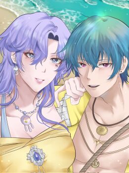 1boy 1girl blue_eyes blue_hair brant_(wuthering_waves) cantarella_(wuthering_waves) collarbone commentary corrupted_twitter_file earrings facial_mark hair_between_eyes highres jewelry long_hair looking_at_viewer mark_under_eye necklace nyasan8 official_alternate_costume parted_lips purple_eyes purple_hair smile wuthering_waves