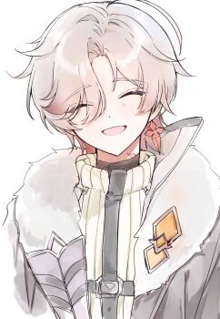 Rule 34 | 1boy, ahoge, blush, closed eyes, coat, commentary, earrings, eyes visible through hair, fur-trimmed coat, fur trim, genshin impact, grey hair, hair between eyes, hair over one eye, highres, jewelry, male focus, mole, mole under eye, multicolored hair, open mouth, red hair, romaji commentary, scar, scar on neck, silver trim, simple background, single earring, smile, solo, sweater, turtleneck, turtleneck sweater, two-tone hair, white background, yama14427