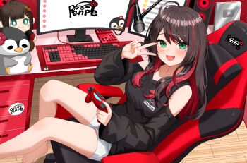 1girl absurdres ahoge barefoot black_hair black_shirt chair clothing_cutout colored_inner_hair computer_keyboard controller game_controller gaming_chair green_eyes hand_up hashtag-only_commentary highres hizuki_yui hizuki_yui_(3rd_costume) holding holding_controller holding_game_controller indoors long_hair long_sleeves looking_at_viewer microphone mole mole_under_eye monitor multicolored_hair neo-porte open_mouth red_hair shirt shorts shoulder_cutout sidelocks silver_creator_award sitting solo streaked_hair stuffed_animal stuffed_penguin stuffed_toy sunamama4788 swept_bangs swivel_chair v virtual_youtuber white_shorts wooden_floor youtube_creator_award
