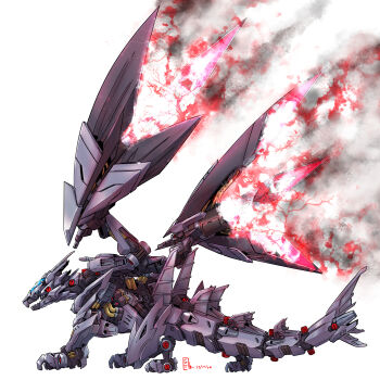 Rule 34 | absurdres, cockpit, dated, energy, glass cockpit, highres, mecha, mecha focus, mechanical tail, mechanical wings, mechanization, monster hunter (series), no humans, non-humanoid robot, pravin rao santheran, robot, robot dragon, signature, smoke, tail, thrusters, valstrax, white background, wings, zoids