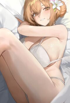 Rule 34 | 1girl, absurdres, armpit crease, bikini, blue archive, blush, breasts, brown eyes, brown hair, cleavage, commentary request, feathered wings, flower, hair between eyes, hair bun, hair flower, hair ornament, highres, large breasts, long hair, looking at viewer, low wings, nagisa (blue archive), ori (0rizuru), sideboob, single hair bun, smile, solo, sweat, swimsuit, thighs, white bikini, white flower, white wings, wings