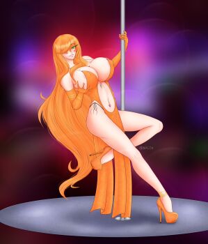 1girl breasts bursting_breasts cleavage cocktail_dress dress elbow_gloves genderswap genderswap_(mtf) gloves grabbing_own_breast hair_down hair_over_one_eye highres huge_breasts long_hair orange_dress orange_hair platform_heels pole_dancing ponytail roman_torchwick rwby tight_clothes xlthuathopec