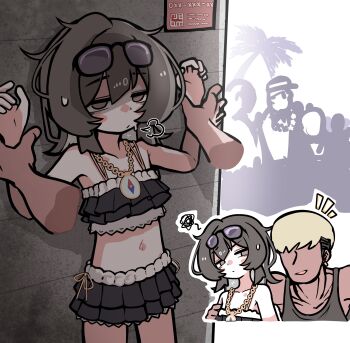 1boy 1girl :/ absurdres against_wall bare_shoulders bikini bikini_skirt black_bikini black_hair blonde_hair blush collarbone disembodied_hand eyewear_on_head faceless faceless_male flirting frilled_bikini frills gyaruo hands_up highres holding_another's_wrist jewelry midriff multiple_boys navel necklace original outdoors palm_tree people puff_of_air restrained shoeguy short_hair squiggle sunglasses sweat sweatdrop swimsuit tree