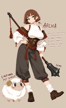 <o>_<o> 1girl :3 archa_(archapxl) archapxl arm_at_side arrow_(symbol) bare_shoulders black_pants blunt_bangs blunt_ends blush_stickers breasts brown_background brown_corset brown_hair brown_shoes closed_mouth commentary corset english_commentary english_text expressionless foot_up frilled_shrug full_body green_eyes hand_on_own_hip head_tilt highres holding holding_mace holding_weapon large_breasts loose_hair_strand loose_socks mace off-shoulder_shrug original pants pixel_art red_trim reference_sheet ribbed_socks sheep shoes shrug_(clothing) sleeveless sleeveless_turtleneck socks solo standing turtleneck weapon white_socks