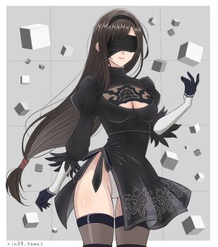1girl 2b_(nier:automata) 2b_(nier:automata)_(cosplay) black_dress black_gloves black_hair black_hairband black_thighhighs black_visor blindfold border breasts cleavage cleavage_cutout closed_mouth clothing_cutout cosplay cowboy_shot cube dress facing_viewer feather-trimmed_sleeves final_fantasy final_fantasy_vii final_fantasy_vii:_ever_crisis gloves hairband highres juliet_sleeves large_breasts leotard long_hair long_sleeves low-tied_long_hair nier:automata nier_(series) official_alternate_costume puffy_short_sleeves puffy_sleeves rin04_games short_sleeves smile solo thigh_gap thighhighs thighs tifa_lockhart turtleneck turtleneck_dress twitter_username white_border white_leotard
