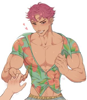 Rule 34 | 1boy, abby (wuthering waves), artist name, blush, brown eyes, collarbone, floral print shirt, hand blush, hawaiian shirt, highres, holding hands, kpop demon hunters, looking at viewer, male focus, muscular, muscular male, open clothes, open shirt, parted bangs, parted lips, pectorals, pink hair, print shirt, pubic hair, pubic hair peek, shirt, short hair, smile, trembling, upper body, white background, wilbujoe