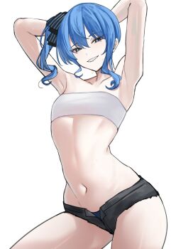 1girl :d armpits arms_behind_head arms_up asymmetrical_sidelocks bare_arms bare_shoulders black_shorts blue_eyes blue_hair blue_panties blue_ribbon denim denim_shorts double-parted_bangs flat_chest grin hair_between_eyes hair_ribbon highres hololive hoshimachi_suisei looking_at_viewer medium_hair navel open_fly open_mouth panties panty_peek ribbon short_shorts shorts si_farid side_ponytail sidelocks simple_background smile solo star_(symbol) star_in_eye stomach strapless symbol_in_eye tube_top underwear virtual_youtuber white_background white_tube_top