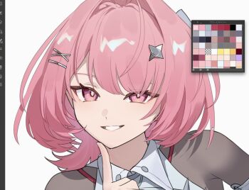 1girl art_program_in_frame finger_to_cheek hair_intakes hair_ornament highres looking_at_viewer medium_hair pink_eyes pink_hair pointy_ears portrait remielle_dan simple_background smile solo suwa_(swk_kkk) teeth white_background zenless_zone_zero