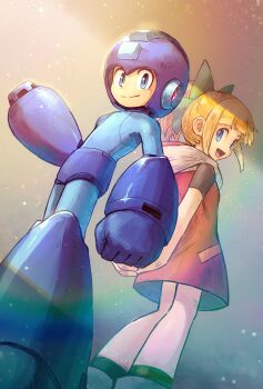 1boy 1girl arm_cannon arm_support arms_behind_back blonde_hair blue_eyes brother_and_sister clenched_hand commentary_request dress full_body green_ribbon helmet highres kuroi_susumu mega_man_(character) mega_man_(series) open_mouth ponytail red_dress ribbon roll_(mega_man) siblings sidelighting smile weapon