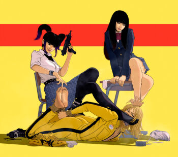 Rule 34 | 3girls, absurdres, bare legs, barefoot, bdsm, beatrix kiddo, black hair, blonde hair, bondage, bound, breasts, duct tape, femdom, foot on another's face, foot on head, foot worship, fortnite, gag, gun, highres, hogtie, improvised gag, kill bill, kusujinn, multiple girls, shoes, smell, smelling, sneakers, socks, submachine gun, tape, tape gag, tickling, tickling feet, twintails, unworn shoes, unworn socks, uzi, weapon, yuri, yuubari gogo