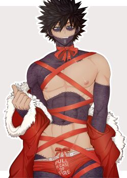 1boy absurdres alternate_costume boku_no_hero_academia bulge burn_scar chest_ribbon dabi_(boku_no_hero_academia) english_text fangs fur_trim grey_background hand_up highres jacket magayser male_focus male_underwear muscular muscular_male navel neck_ribbon piercing red_jacket red_male_underwear red_ribbon ribbon santa_costume scar short_hair simple_background solo spiked_hair teeth underwear white_background