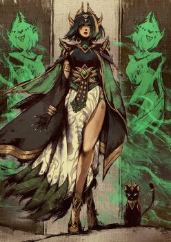 1girl adapted_costume akramness armlet ashru_(genshin_impact) black_cat bracelet cape cat claws closed_mouth commentary commission dress elbow_gloves english_commentary eye_tattoo fake_claws full_body genshin_impact gloves green_eyes green_hair green_pupils headpiece highres jewelry lips medium_hair nefer_(genshin_impact) shoes straight-on tattoo usekh_collar walking wind