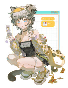 Rule 34 | 1girl, animal ears, bag, bandaid, bandaid on knee, bandaid on leg, black choker, black skirt, blue eyes, blush, bow, breasts, cellphone, cellphone charm, charm (object), checkered clothes, checkered jacket, checkered shirt, choker, cleavage, eyelashes, flip phone, full body, grey hair, hair ornament, hairclip, hairpin, highres, holding, holding phone, jacket, long hair, looking at viewer, medium breasts, miniskirt, original, phone, shirt, shoes, skindentation, skirt, sneakers, solo, squatting, tail, thigh strap, yeej chan, yellow shoes, zipper