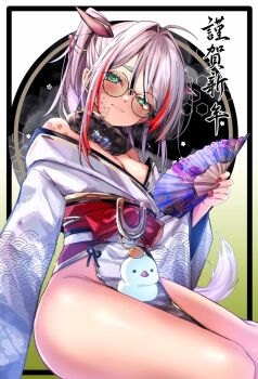 1girl 2026 animal_ears blush breasts commentary_request folding_fan food fruit glasses green_eyes grey_hair hand_fan happy_new_year highres horse_ears japanese_clothes kaniya_shiku kimono looking_at_viewer mandarin_orange medium_breasts medium_hair multicolored_hair new_year no_panties off_shoulder original pelvic_curtain red_hair round_eyewear sitting smile solo thick_eyebrows two-tone_hair