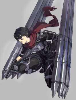 Rule 34 | 1girl, black hair, black jacket, black pants, closed mouth, commentary, darao (daradara suyaaa), fighting stance, floating scarf, full body, grey background, hair between eyes, harness, highres, jacket, mikasa ackerman, official alternate costume, pants, red scarf, scarf, serious, shingeki no kyojin, short hair, solo, survey corps (emblem), three-dimensional maneuver gear, weapon