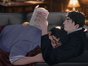 Rule 34 | 2boys, alternate universe, aquiline nose, batman (series), black-framed eyewear, black hair, black jacket, blue eyes, blue shirt, blurry, blurry background, book, bruce wayne, clark kent, closed eyes, commentary, couch, dc comics, desk lamp, english commentary, glasses, hand on another's back, highres, holding, holding book, jacket, lamp, lying, lying on person, male focus, multiple boys, nose, on back, open book, profile, reading, shirt, short hair, sleeves rolled up, superman (series), table, the batman (2022), tnkisu, wavy hair, white shirt, yaoi