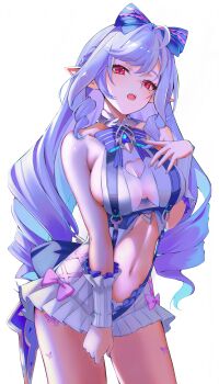 1girl absurdres bow clothing_cutout drill_hair frilled_one-piece_swimsuit frills hair_bow highres kiratto777 long_hair looking_at_viewer mole mole_under_eye multicolored_hair navel official_alternate_costume one-piece_swimsuit pointy_ears purple_bow purple_hair red_eyes simple_background solo stomach stomach_cutout streaked_hair swimsuit two-tone_one-piece_swimsuit vivian_banshee vivian_banshee_(iris_of_the_shore) white_background white_hair zenless_zone_zero