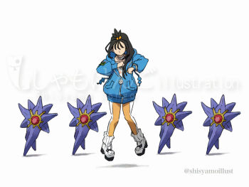 1girl black_hair blue_hoodie bracelet choker commentary_request cube_hair_ornament faceless faceless_female gen_1_pokemon hair_ornament hands_up hood hood_down hoodie jewelry leggings lida_(pokemon) long_hair long_sleeves mega_starmie nintendo pokemon pokemon_(creature) pokemon_legends:_z-a ribbed_socks shirt shishamo_(shisyamo) shoes socks starmie topknot twitter_username watermark white_shoes white_socks