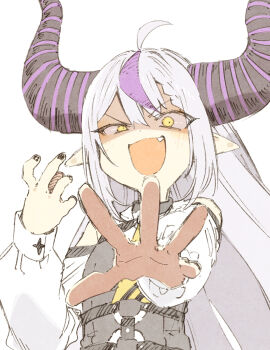 Rule 34 | 1girl, abara heiki, black horns, black nails, fang, fingernails, hashtag-only commentary, highres, hololive, horns, la+ darknesss, looking at viewer, multicolored hair, open mouth, pointy ears, purple hair, simple background, smile, solo, striped horns, two-tone hair, virtual youtuber, white background, white hair, yellow eyes