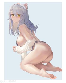 Rule 34 | 1girl, absurdres, ass, barefoot, feet, grey hair, highres, light blush, long hair, looking at viewer, lyfe bestla, smile, snowbreak: containment zone, soles, toes, yellow eyes, yi lucid