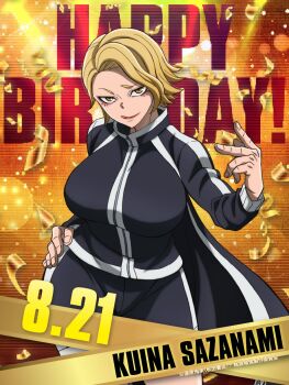 1girl amisaki_ryouko anime_coloring blonde_hair breasts character_name closed_mouth collared_jacket copyright_name cowboy_shot dated english_text eyeshadow grey_jacket grey_shorts hand_on_own_hip hand_up happy_birthday highres huge_breasts jacket licking_lips lips long_sleeves looking_at_viewer makeup multicolored_jacket official_art pink_lips sazanami_kuina short_hair shorts smile solo standing tongue tongue_out tougen_anki track_jacket tsurime two-tone_jacket yellow_eyes