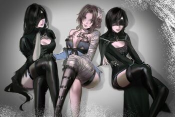 10h_(nier_reincarnation) 10h_(nier_reincarnation)_(cosplay) 2b_(nier:automata) 2b_(nier:automata)_(cosplay) 3girls aerith_gainsborough bandaged_arm bandaged_leg bandages black_dress black_hair blindfold breasts brown_hair cleavage company_connection cosplay crossed_legs dress final_fantasy final_fantasy_vii final_fantasy_vii:_ever_crisis hair_rings highres invisible_chair kaine_(nier) kaine_(nier)_(cosplay) lingerie lunar_tear multiple_girls negligee nier nier:automata nier_(series) nier_reincarnation official_alternate_costume official_alternate_hairstyle single_thighhigh sitting thighhighs thighs tifa_lockhart underwear ymr18 yuffie_kisaragi