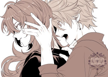 2boys arm_up bite_mark bite_mark_on_neck clothes_grab collared_shirt diluc_(genshin_impact) earrings eyelashes fingernails from_side genshin_impact hand_on_another&#039;s_head hashtag-only_commentary highres hiki_yuichi jewelry looking_back male_focus multiple_boys open_mouth parted_bangs parted_lips piercing profile shirt shirt_grab simple_background sleeve_cuffs tartaglia_(genshin_impact) teeth tongue watermark white_background yaoi